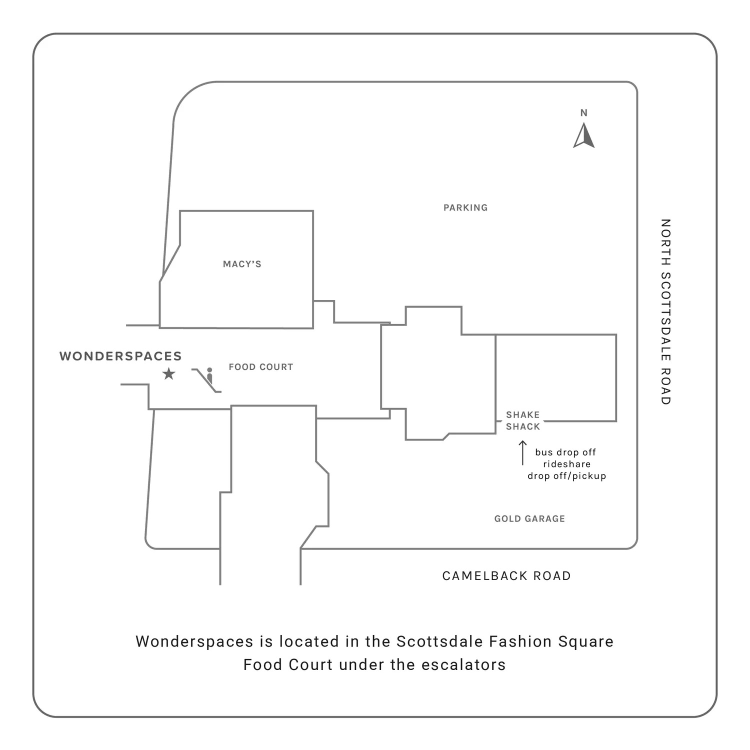 Map of Scottsdale Fashion Square showing recommended parking and rideshare drop-off locations